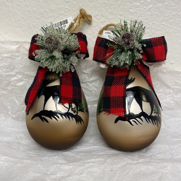 Brown Glass Teardrop Christmas Ornaments W Moose N Trees Design Set of 2 NWT - Picture 6 of 16